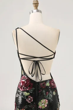 Flores Preto Bodycon Lantejoulas Um Ombro Mini Vestido Cocktail