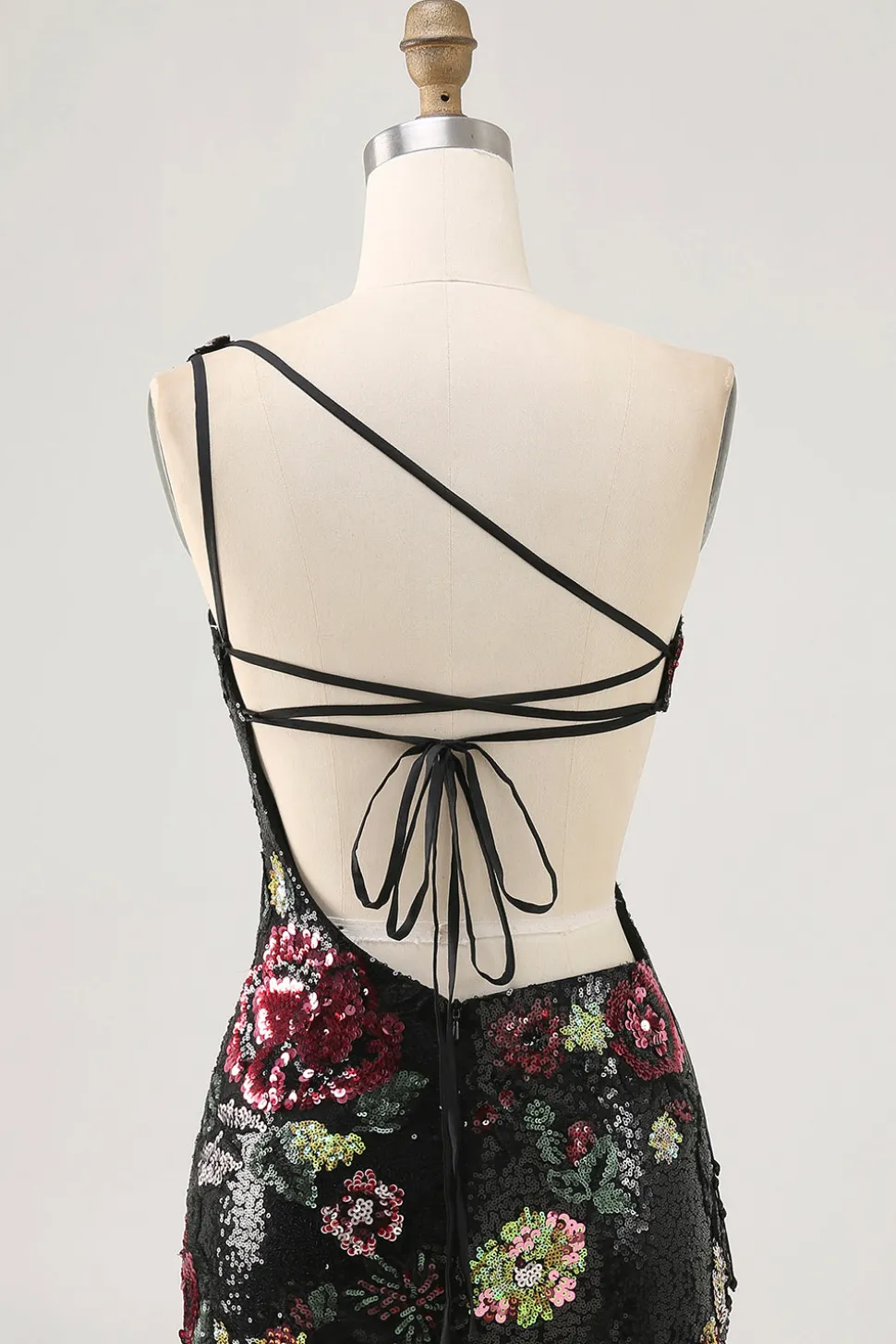 Flores Preto Bodycon Lantejoulas Um Ombro Mini Vestido Cocktail
