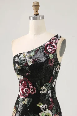 Flores Preto Bodycon Lantejoulas Um Ombro Mini Vestido Cocktail