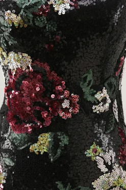Flores Preto Bodycon Lantejoulas Um Ombro Mini Vestido Cocktail