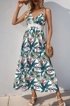 Flores Verde Decote em V Longos Vestido de Verão