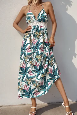 Flores Verde Decote em V Longos Vestido de Verão