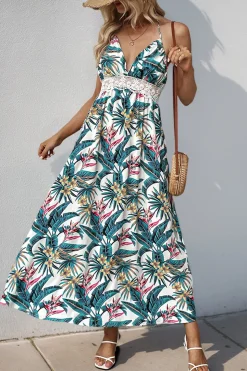 Flores Verde Decote em V Longos Vestido de Verão