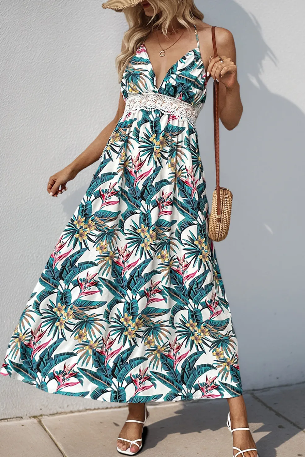 Flores Verde Decote em V Longos Vestido de Verão