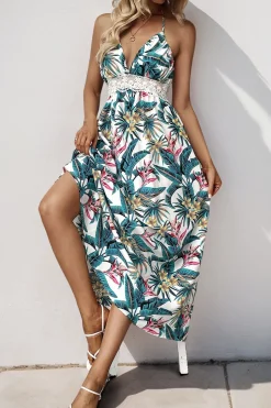 Flores Verde Decote em V Longos Vestido de Verão