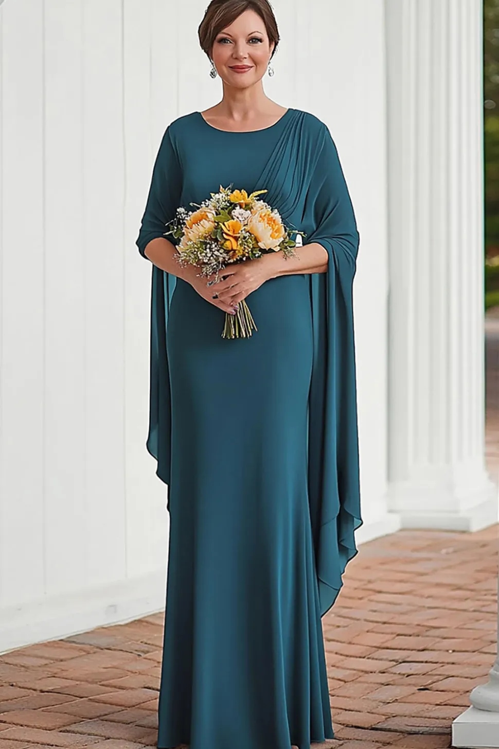 Flowy Peacock Sereia Pleats Chiffon Ruffle Long Mãe do Vestido da Noiva