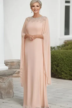 Flutter Mangas Damasco Chiffon Coluna Scoop Pescoço Mãe do Vestido da Noiva com Missangas