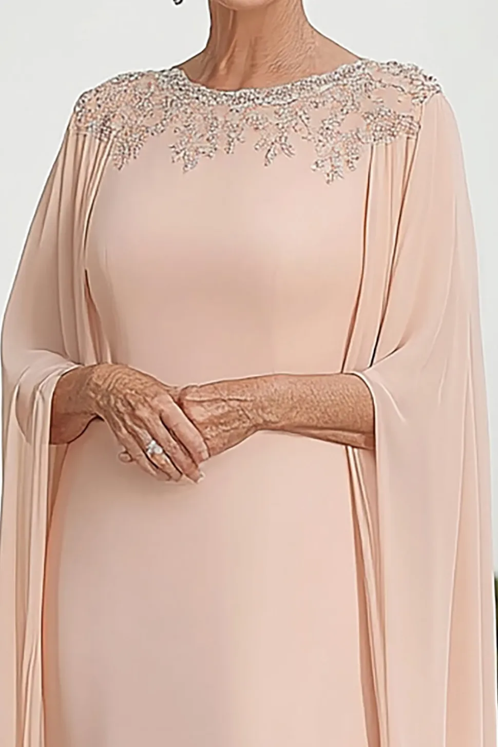 Flutter Mangas Damasco Chiffon Coluna Scoop Pescoço Mãe do Vestido da Noiva com Missangas