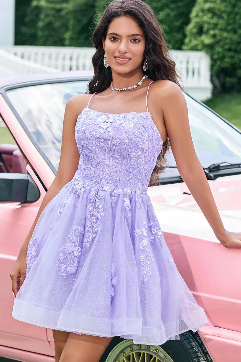 Fofo Glitter Lilás Uma Linha Sequins Short Lace Up Back Homecoming Dress com Apliques