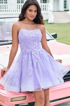 Fofo Glitter Lilás Uma Linha Sequins Short Lace Up Back Homecoming Dress com Apliques