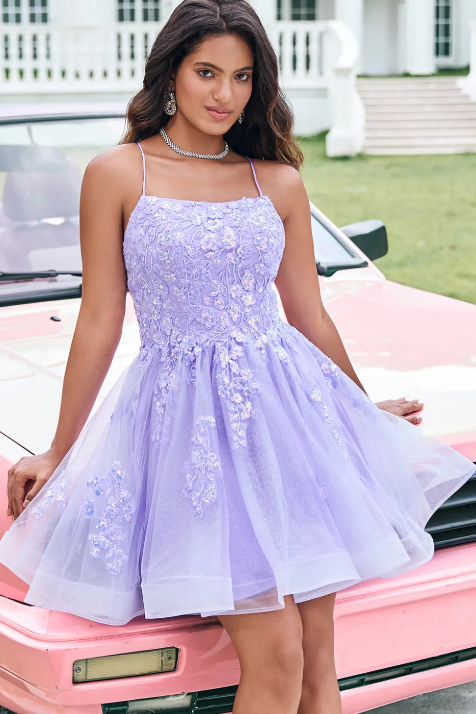 Fofo Glitter Lilás Uma Linha Sequins Short Lace Up Back Homecoming Dress com Apliques