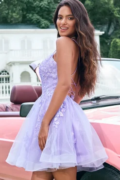 Fofo Glitter Lilás Uma Linha Sequins Short Lace Up Back Homecoming Dress com Apliques
