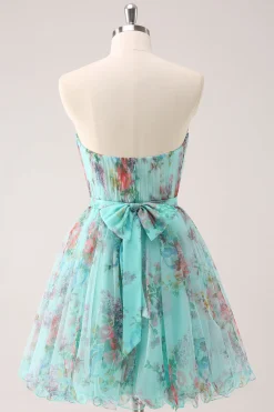 Fofo Strapless Verde Floral Vestido Curto Homecoming
