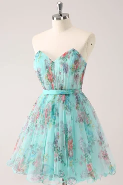 Fofo Strapless Verde Floral Vestido Curto Homecoming
