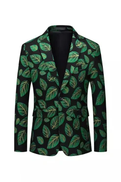 Folha Verde Escura Estampada Lapela Blazer Masculino