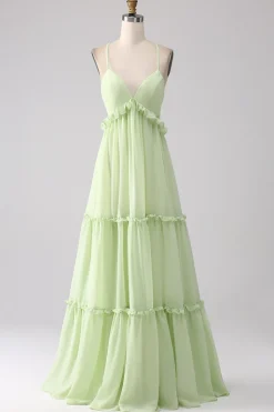 Folhos Um Vestido de Dama de Honra Verde Linha com Renda-up Costas