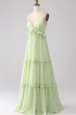 Folhos Um Vestido de Dama de Honra Verde Linha com Renda-up Costas