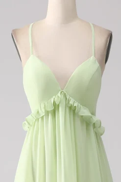 Folhos Um Vestido de Dama de Honra Verde Linha com Renda-up Costas