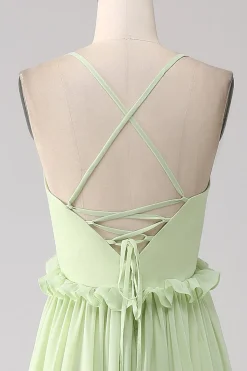 Folhos Um Vestido de Dama de Honra Verde Linha com Renda-up Costas
