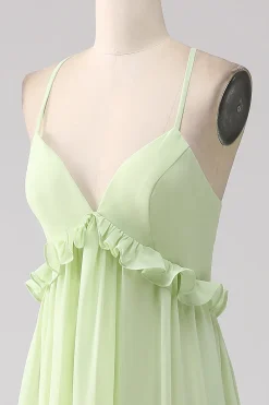 Folhos Um Vestido de Dama de Honra Verde Linha com Renda-up Costas