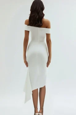 Fora da bainha de ombro cetim chá comprimento branco vestido de formatura