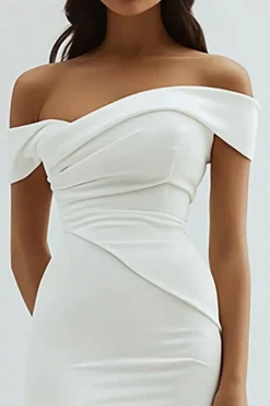 Fora da bainha de ombro cetim chá comprimento branco vestido de formatura