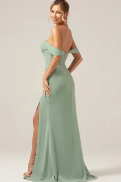 Fora da bainha de ombro Chiffon plissado Dusty Sage vestido de dama de honra