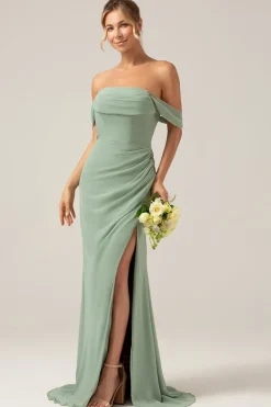 Fora da bainha de ombro Chiffon plissado Dusty Sage vestido de dama de honra