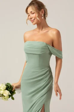 Fora da bainha de ombro Chiffon plissado Dusty Sage vestido de dama de honra