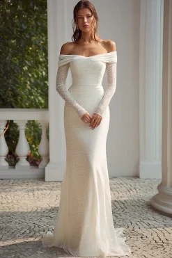 Fora da bainha de ombro Ruched vestido de noiva de marfim