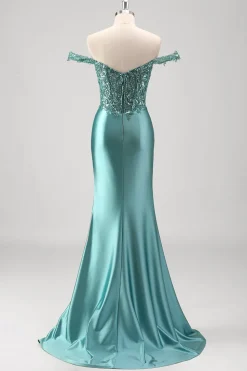 Fora do Ombro Applique Sereia Cinza Verde Vestido de Baile com Fenda