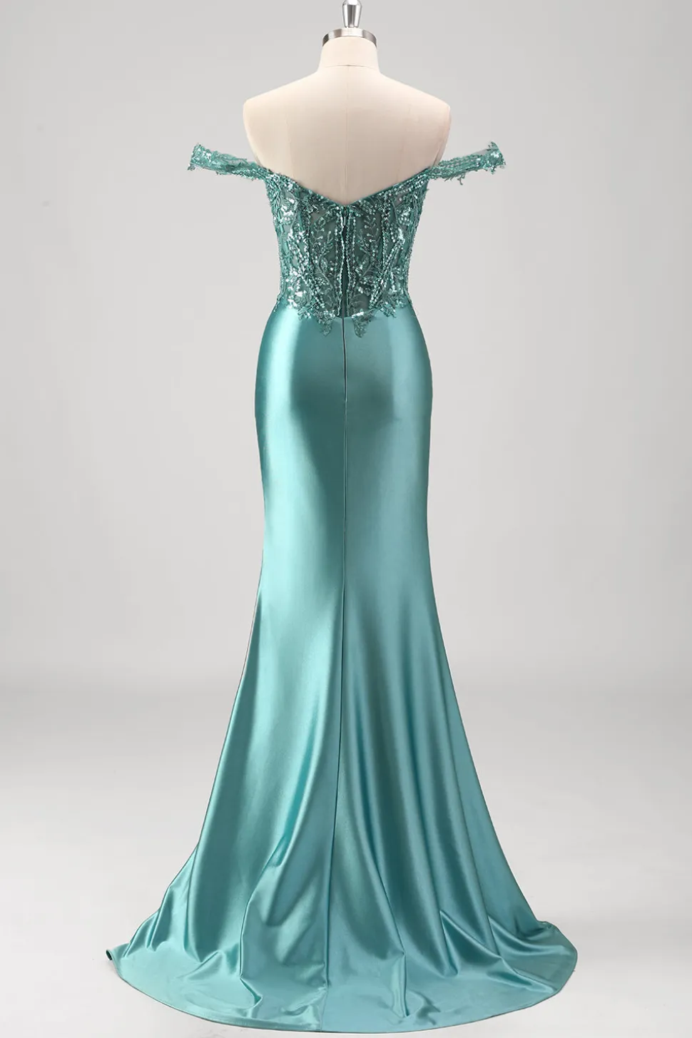 Fora do Ombro Applique Sereia Cinza Verde Vestido de Baile com Fenda