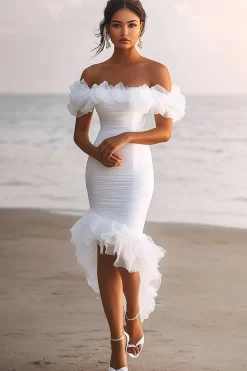 Fora do Ombro Assimétrico Bodycon Midi Vestidinho Branco