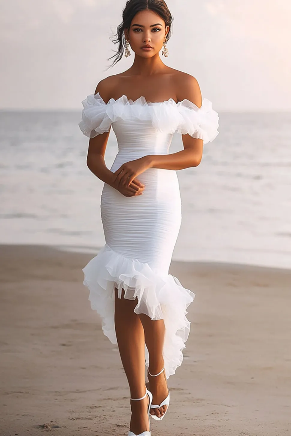 Fora do Ombro Assimétrico Bodycon Midi Vestidinho Branco