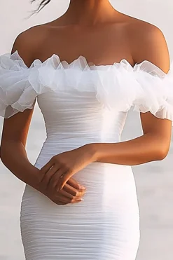 Fora do Ombro Assimétrico Bodycon Midi Vestidinho Branco
