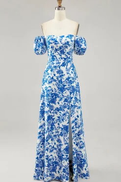 Fora do ombro azul floral estampado vestido de noiva convidado com fenda