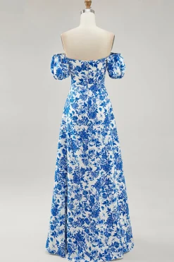 Fora do ombro azul floral estampado vestido de noiva convidado com fenda