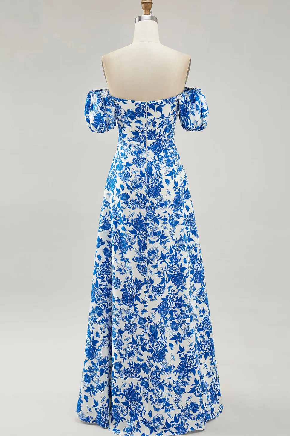 Fora do ombro azul floral estampado vestido de noiva convidado com fenda