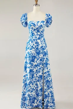 Fora do ombro azul floral estampado vestido de noiva convidado com fenda