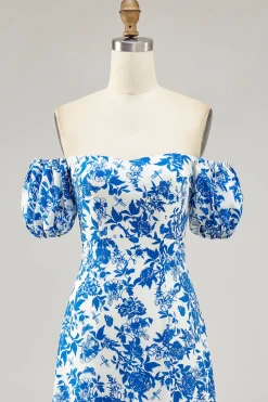 Fora do ombro azul floral estampado vestido de noiva convidado com fenda
