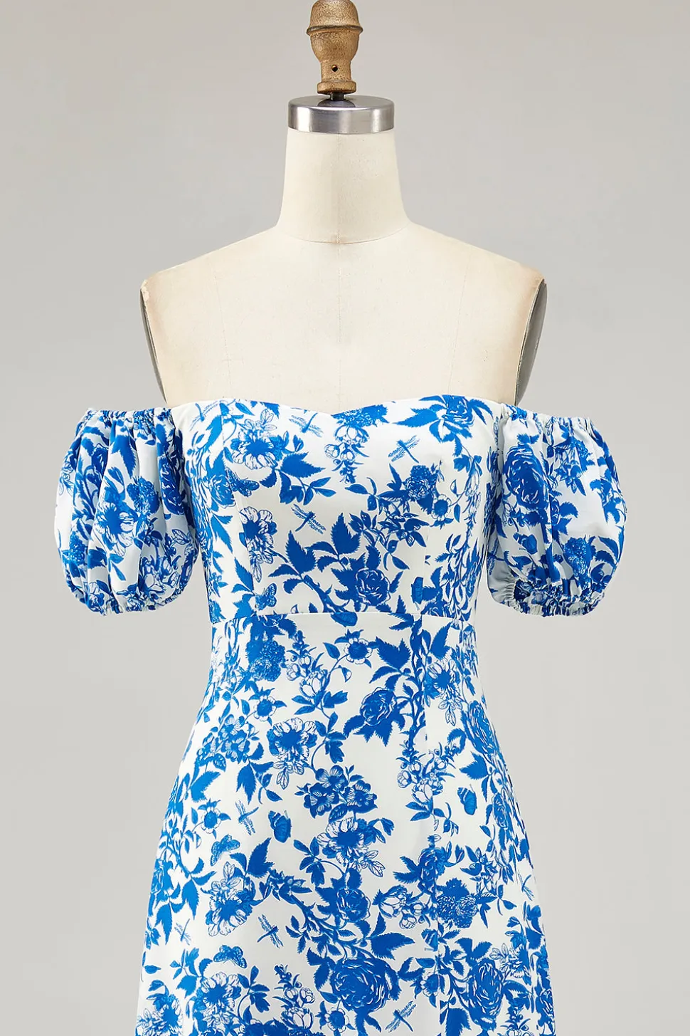 Fora do ombro azul floral estampado vestido de noiva convidado com fenda
