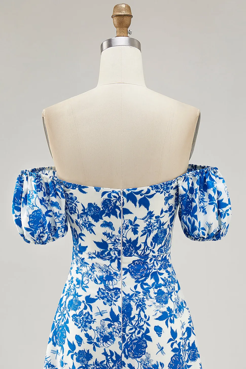 Fora do ombro azul floral estampado vestido de noiva convidado com fenda