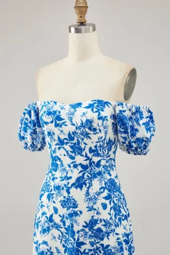 Fora do ombro azul floral estampado vestido de noiva convidado com fenda