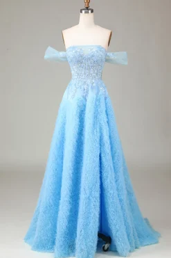 Fora do Ombro Azul Uma Linha Princesa Corset Prom Dress com Fenda