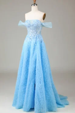 Fora do Ombro Azul Uma Linha Princesa Corset Prom Dress com Fenda