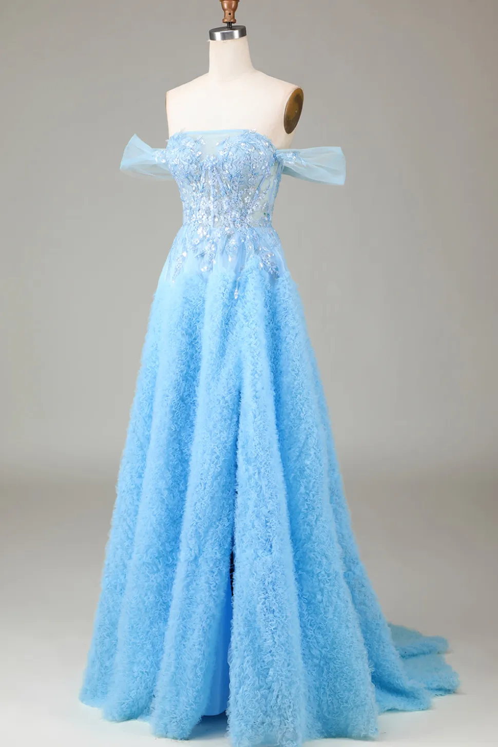 Fora do Ombro Azul Uma Linha Princesa Corset Prom Dress com Fenda