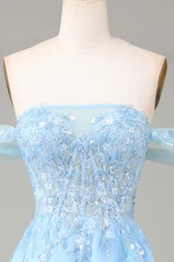 Fora do Ombro Azul Uma Linha Princesa Corset Prom Dress com Fenda
