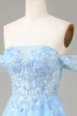 Fora do Ombro Azul Uma Linha Princesa Corset Prom Dress com Fenda