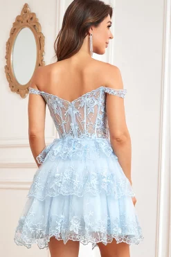 Fora do Ombro Azul Vestido de Cocktail Com Renda