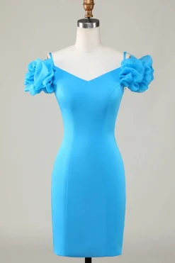 Fora do Ombro Azul Vestido Curto de Cocktail com Folhos